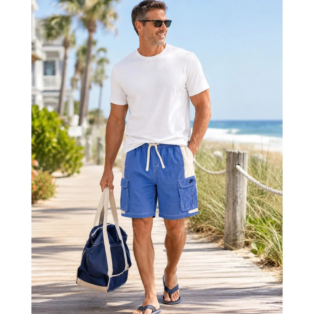 Nike Swim Shorts XXL Blue White Cargo Pocket Drawstring Unlined Beach Board